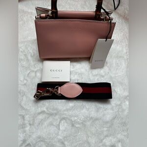 Gucci Blush Pink Leather Bag with Red and navy Strap-with bamboo handle